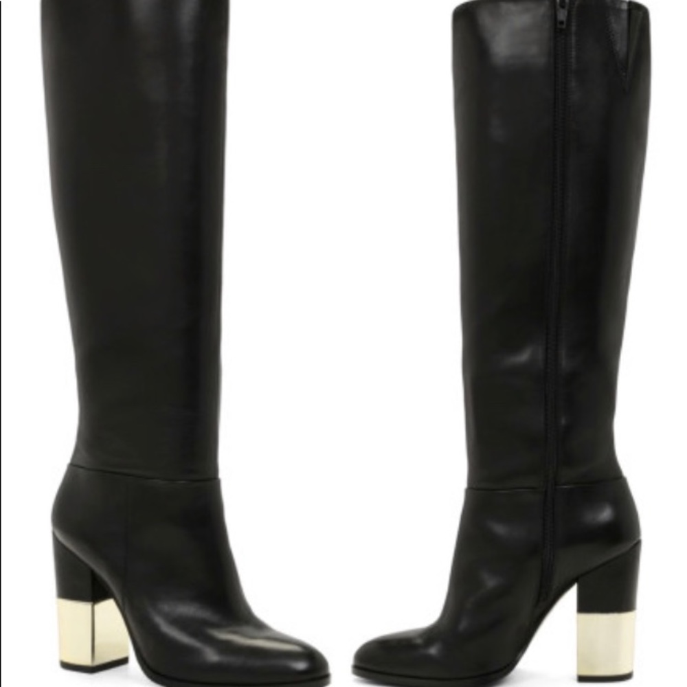 Aldo Vitaly Black Leather Boots Gold Heel